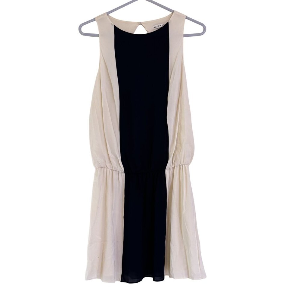 Alice + Olivia Silk Blend Colorblock Sleeveless Dress Open Back Black Cream XS
